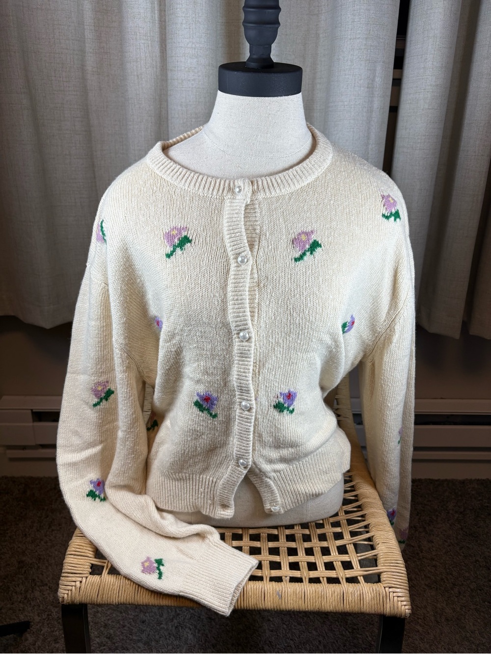 Roolee Cream Cardigan with Pink & Purple Floral Embroidery